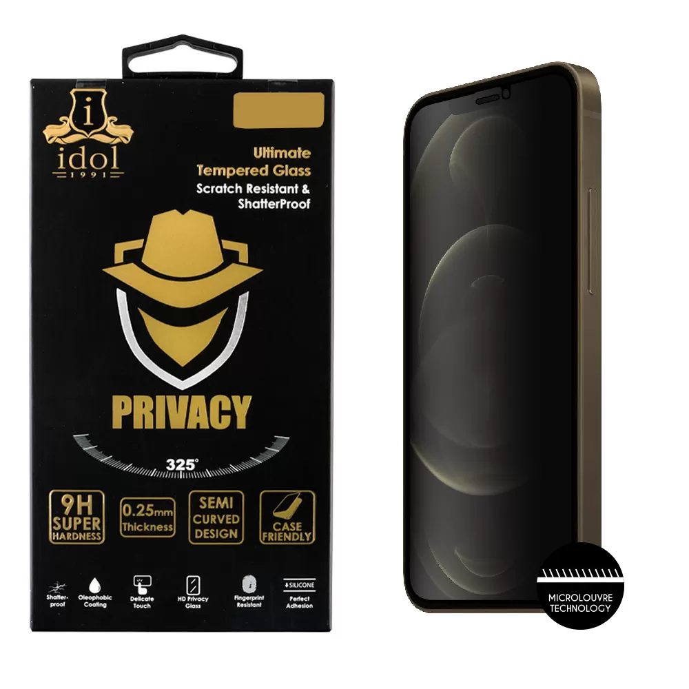 IDOL 1991 PRIVACY ANTISPY TEMPERED GLASS IPHONE 12 PRO/IPHONE 12 6.1in 9H 0.25mm SEMI CURVED FULL GLUE BLACK