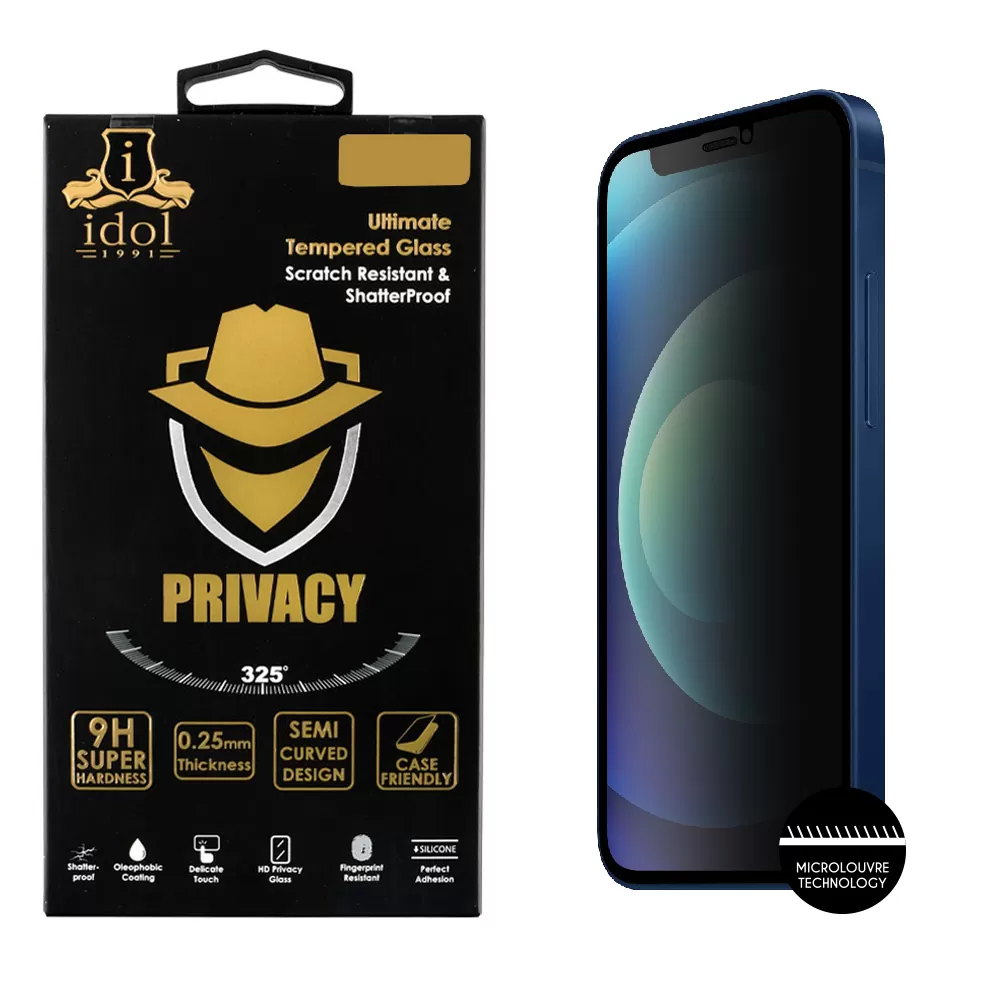 IDOL 1991 PRIVACY ANTISPY TEMPERED GLASS IPHONE 12 MINI 5.4in 9H 0.25mm SEMI CURVED FULL GLUE BLACK