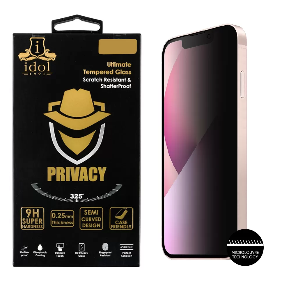 IDOL 1991 PRIVACY ANTISPY TEMPERED GLASS IPHONE 13 MINI 5.4in 9H 0.25mm SEMI CURVED FULL GLUE BLACK