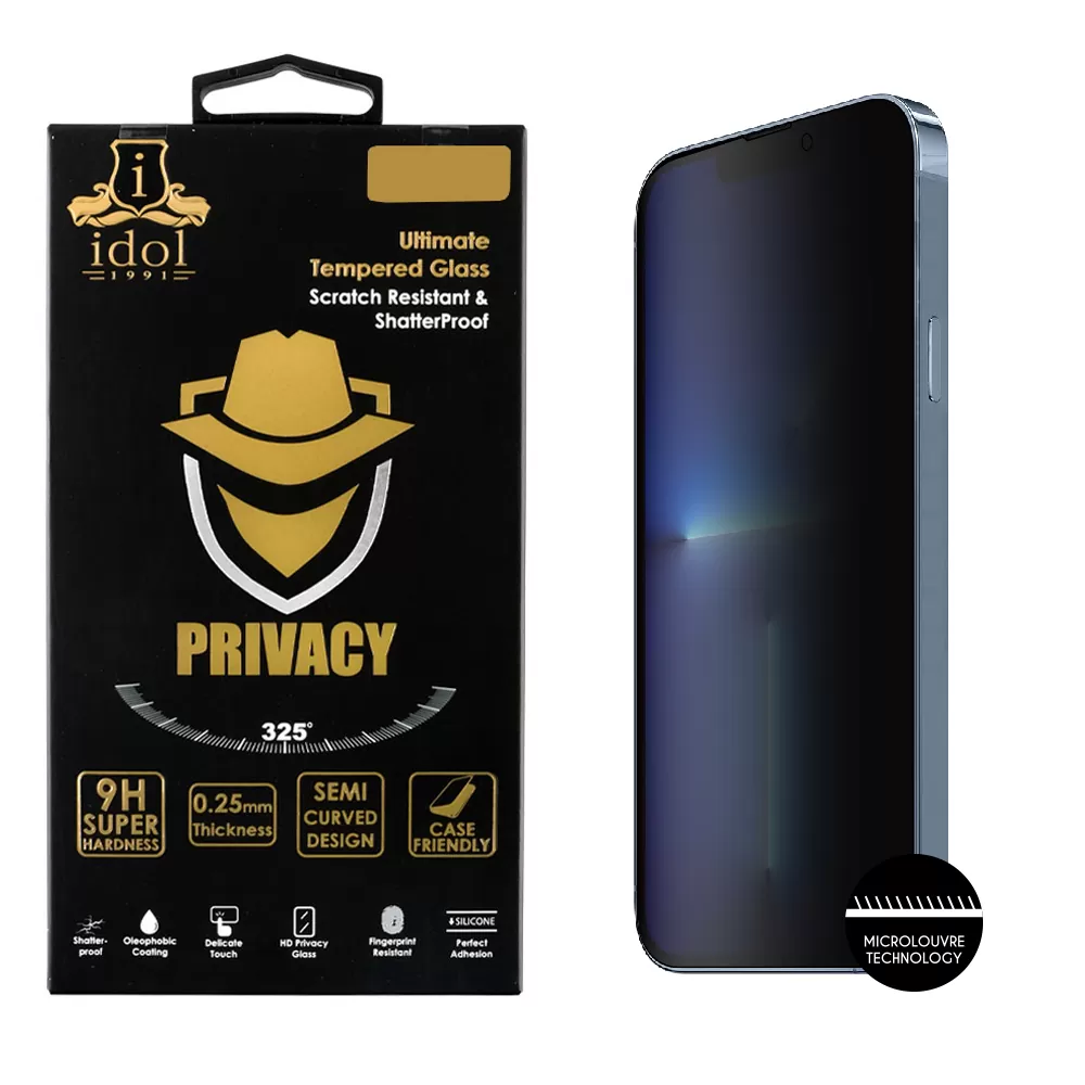 IDOL 1991 PRIVACY ANTISPY TEMPERED GLASS IPHONE 13 PRO MAX 6.7in 9H 0.25mm SEMI CURVED FULL GLUE BLACK