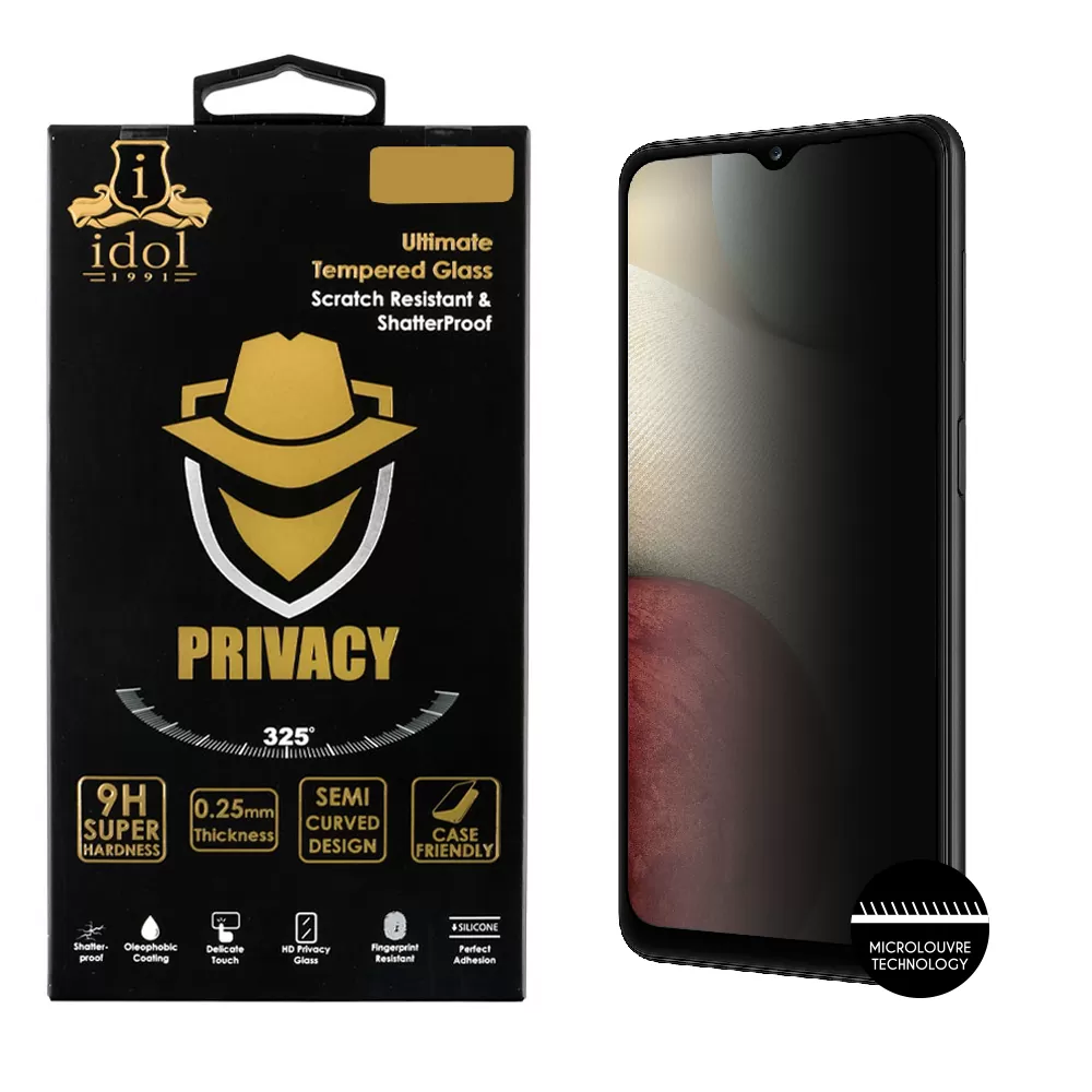 IDOL 1991 PRIVACY ANTISPY TEMPERED GLASS SAMSUNG A12 A125/A12 NACHO A127 6.5in 9H 0.25mm SEMI CURVED FULL GLUE BLACK