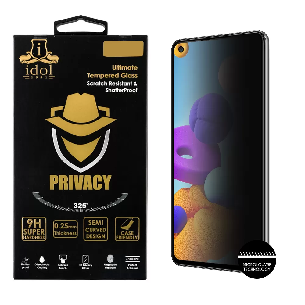 IDOL 1991 PRIVACY ANTISPY TEMPERED GLASS SAMSUNG A21 A217 6.5in 9H 0.25mm SEMI CURVED FULL GLUE BLACK