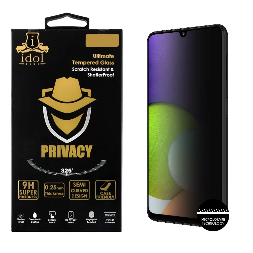 IDOL 1991 PRIVACY ANTISPY TEMPERED GLASS SAMSUNG A22 4G A225 6.4in 9H 0.25mm SEMI CURVED FULL GLUE BLACK