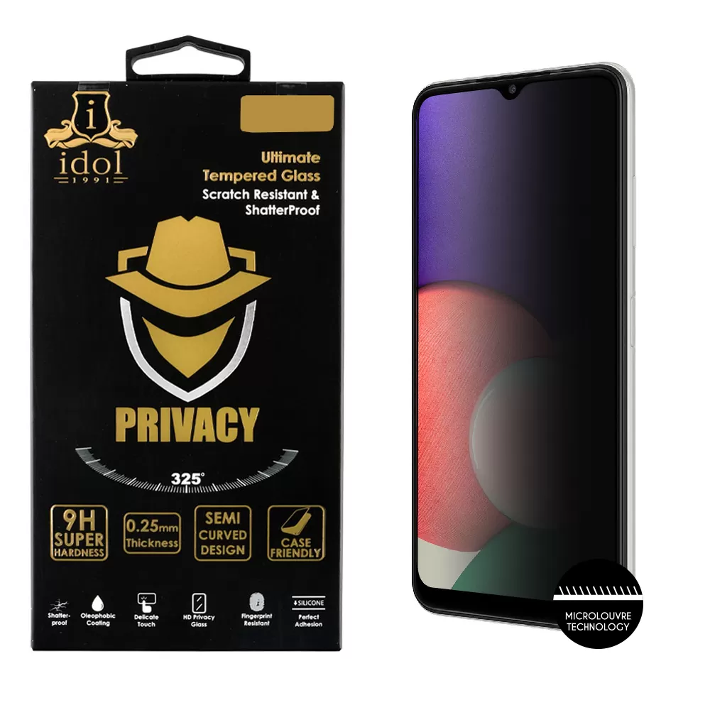 IDOL 1991 PRIVACY ANTISPY TEMPERED GLASS SAMSUNG A22 5G A226 6.6in 9H 0.25mm SEMI CURVED FULL GLUE BLACK