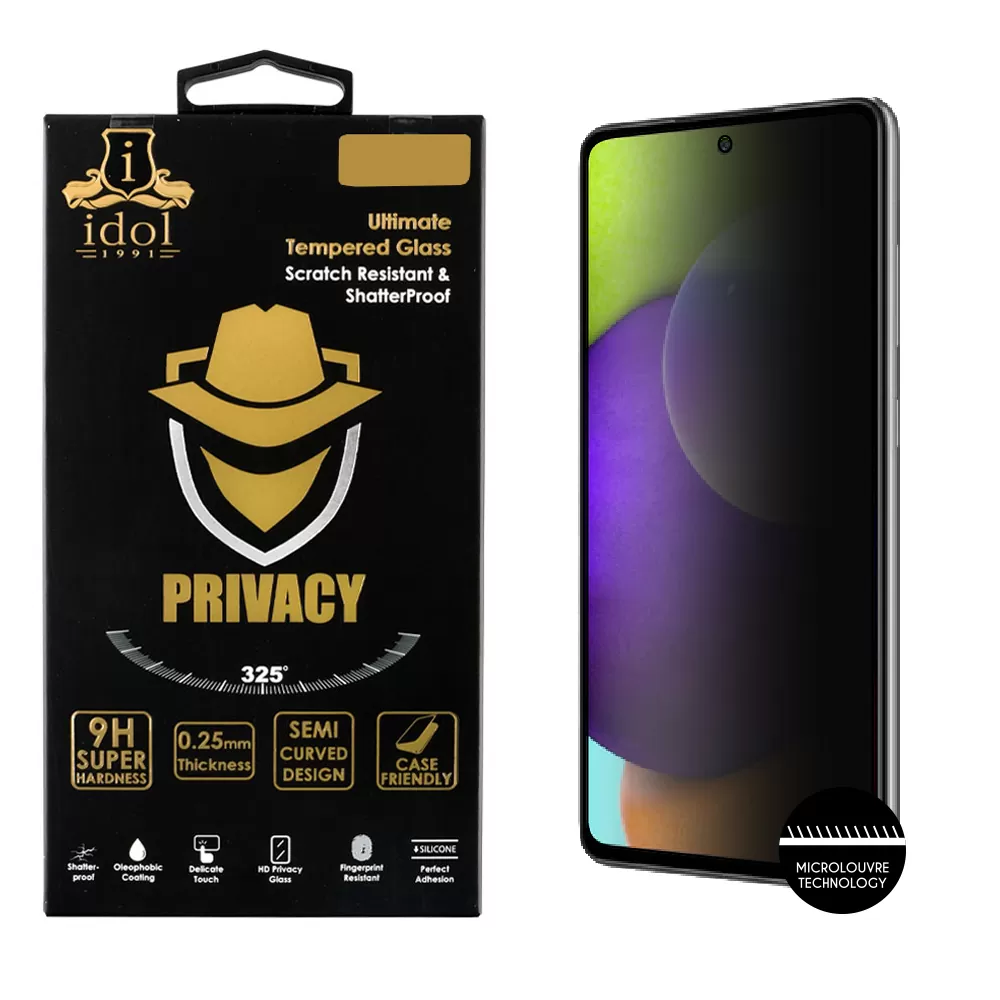 IDOL 1991 PRIVACY ANTISPY TEMPERED GLASS SAMSUNG A52S/A52/A525/A526/A528 6.5in 9H 0.25mm SEMI CURVED FULL GLUE BLACK
