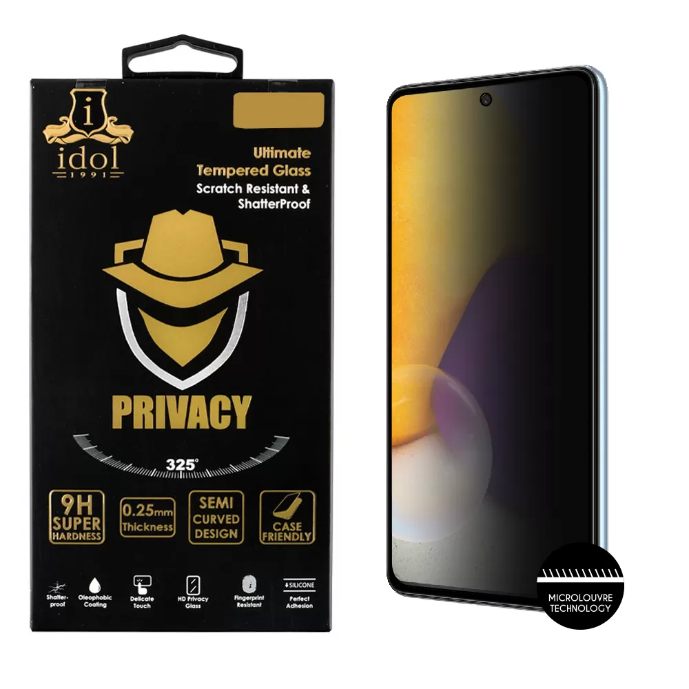 IDOL 1991 PRIVACY ANTISPY TEMPERED GLASS SAMSUNG A72 A725/A726 6.7in 9H 0.25mm SEMI CURVED FULL GLUE BLACK