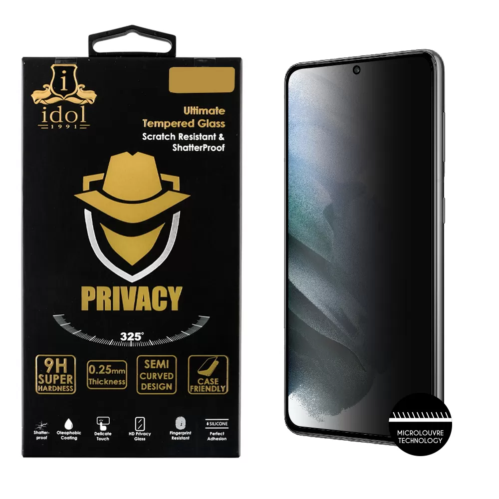 IDOL 1991 PRIVACY ANTISPY TEMPERED GLASS SAMSUNG S21 5G G991 6.2in 9H 0.25mm SEMI CURVED FINGER UNLOCK FULL GLUE BLACK