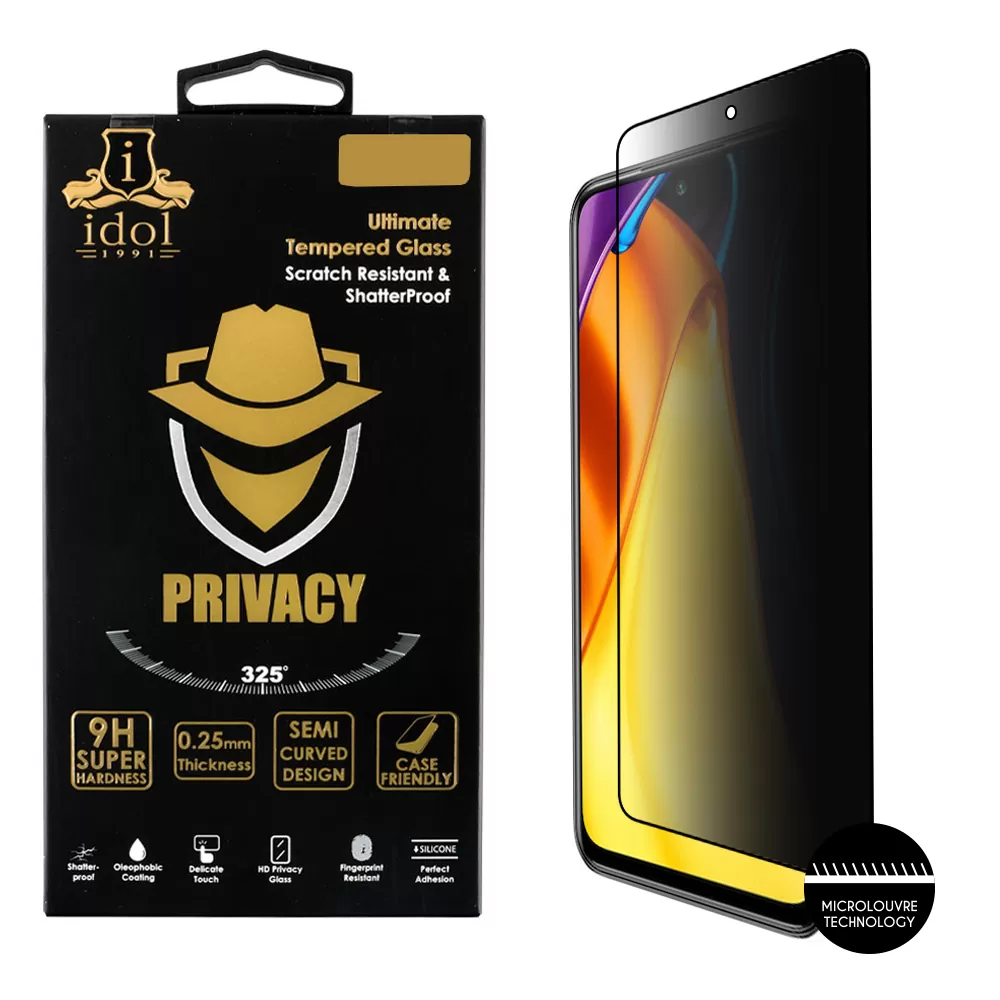 IDOL 1991 PRIVACY ANTISPY TEMPERED GLASS XIAOMI POCO M3 PRO 6.5in 9H 0.25mm SEMI CURVED FULL GLUE BLACK