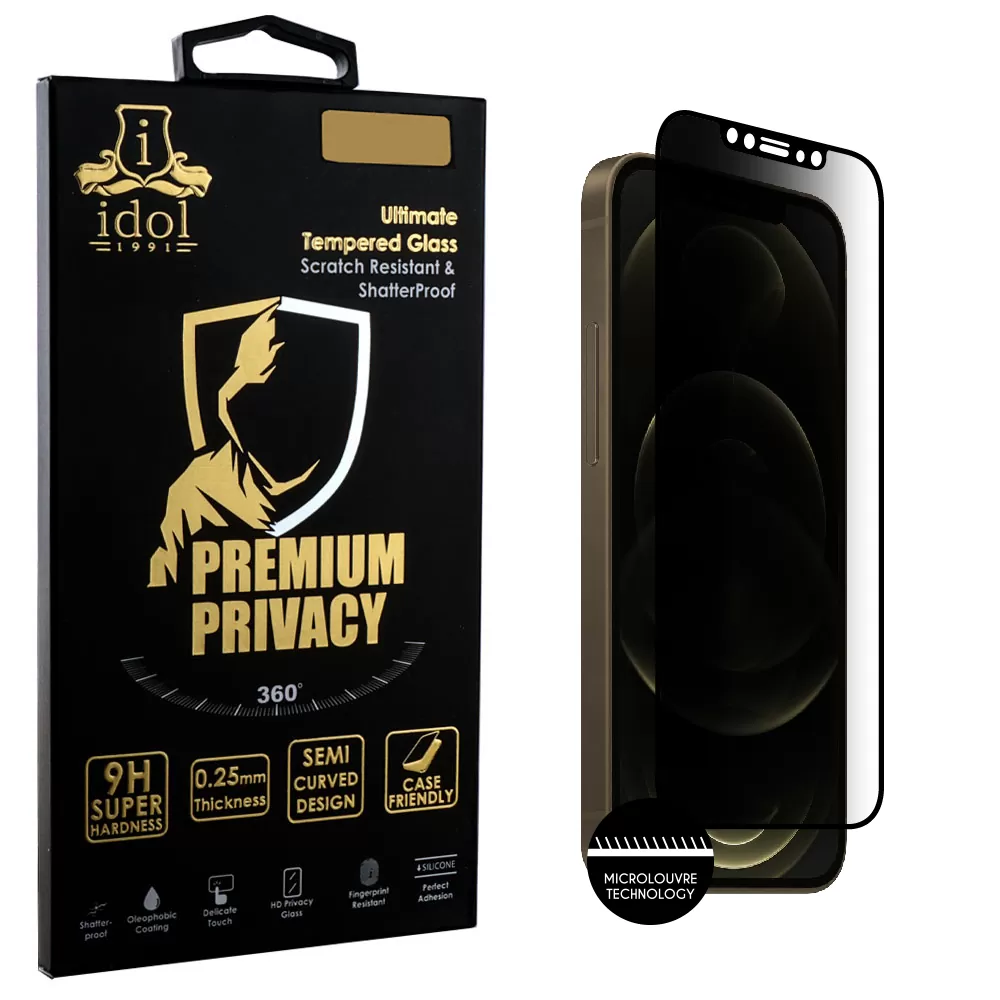 IDOL 1991 PREMIUM PRIVACY ANTISPY TEMPERED GLASS IPHONE 12 PRO/IPHONE 12 6.1in 9H 0.25mm SEMI CURVED FULL GLUE BLACK
