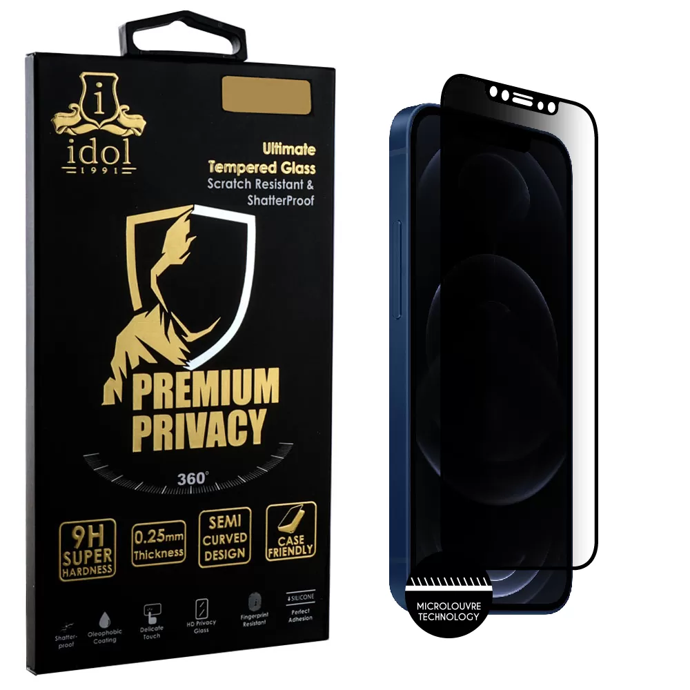 IDOL 1991 PREMIUM PRIVACY ANTISPY TEMPERED GLASS IPHONE 12 PRO MAX 6.7in 9H 0.25mm SEMI CURVED FULL GLUE BLACK