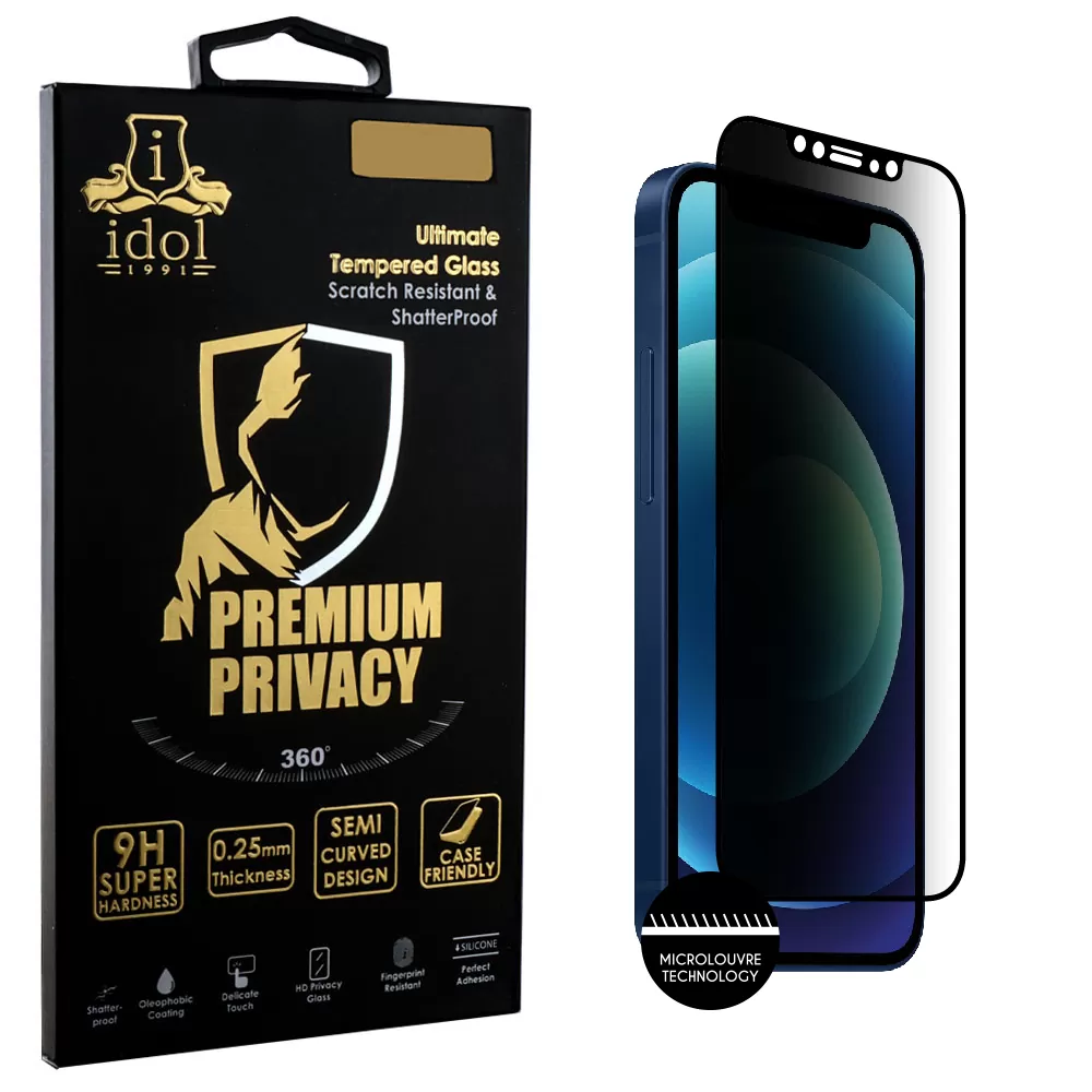 IDOL 1991 PREMIUM PRIVACY ANTISPY TEMPERED GLASS IPHONE 12 MINI 5.4in 9H 0.25mm SEMI CURVED FULL GLUE BLACK