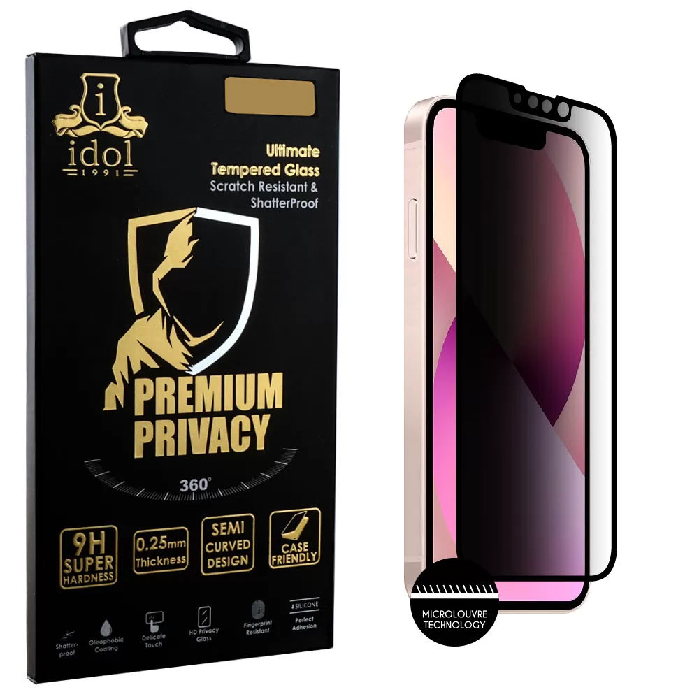 IDOL 1991 PREMIUM PRIVACY ANTISPY TEMPERED GLASS IPHONE 13 MINI 5.4in 9H 0.25mm SEMI CURVED FULL GLUE BLACK