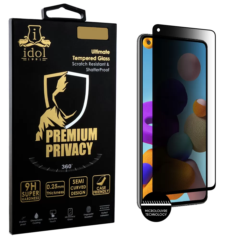 IDOL 1991 PREMIUM PRIVACY ANTISPY TEMPERED GLASS SAMSUNG A21 A217 6.5in 9H 0.25mm SEMI CURVED FULL GLUE BLACK