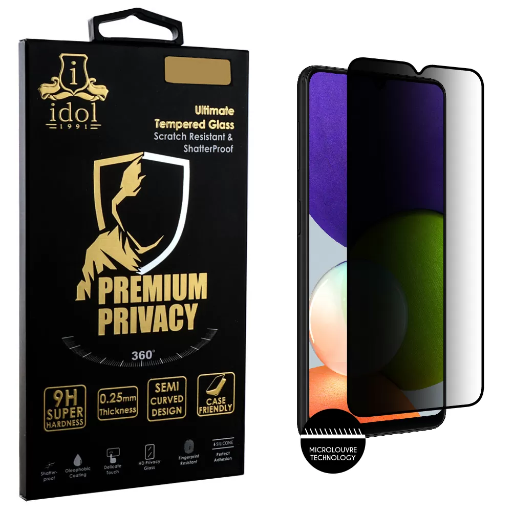 IDOL 1991 PREMIUM PRIVACY ANTISPY TEMPERED GLASS SAMSUNG A22 4G A225 6.4in 9H 0.25mm SEMI CURVED FULL GLUE BLACK