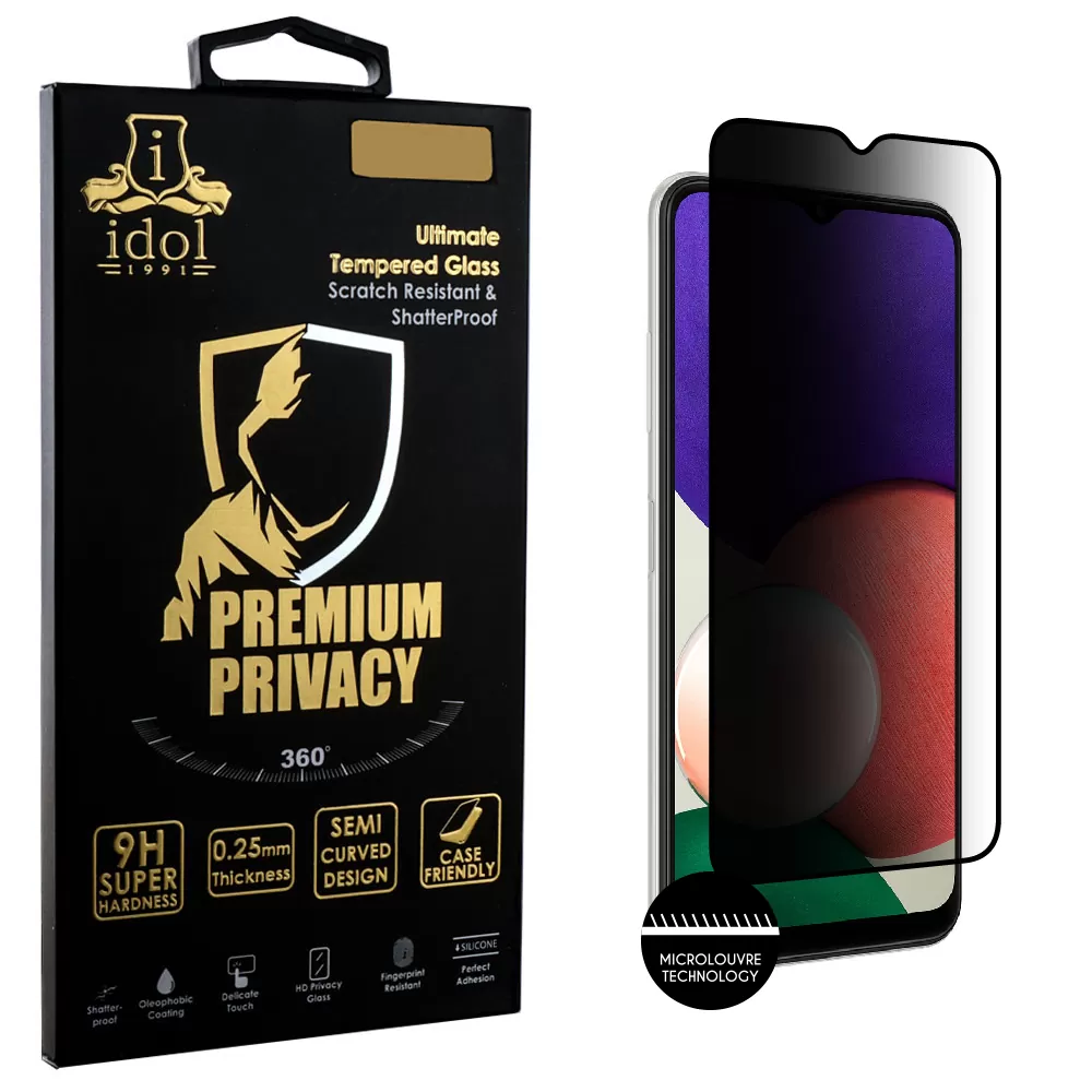 IDOL 1991 PREMIUM PRIVACY ANTISPY TEMPERED GLASS SAMSUNG A22 5G A226 6.6in 9H 0.25mm SEMI CURVED FULL GLUE BLACK