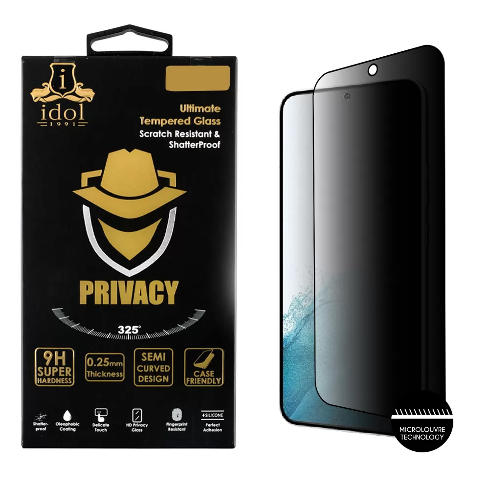IDOL 1991 PRIVACY ANTISPY TEMPERED GLASS SAMSUNG S22 5G 6.1in 9H 0.25mm SEMI CURVED FULL GLUE BLACK