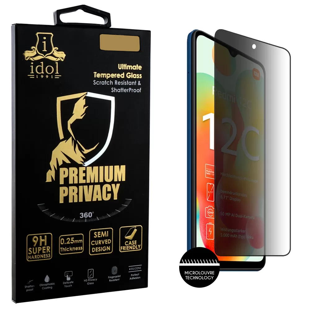 IDOL 1991 PREMIUM PRIVACY ANTISPY TEMPERED GLASS XIAOMI REDMI 12C 6.71in 9H 0.25mm SEMI CURVED FULL GLUE BLACK