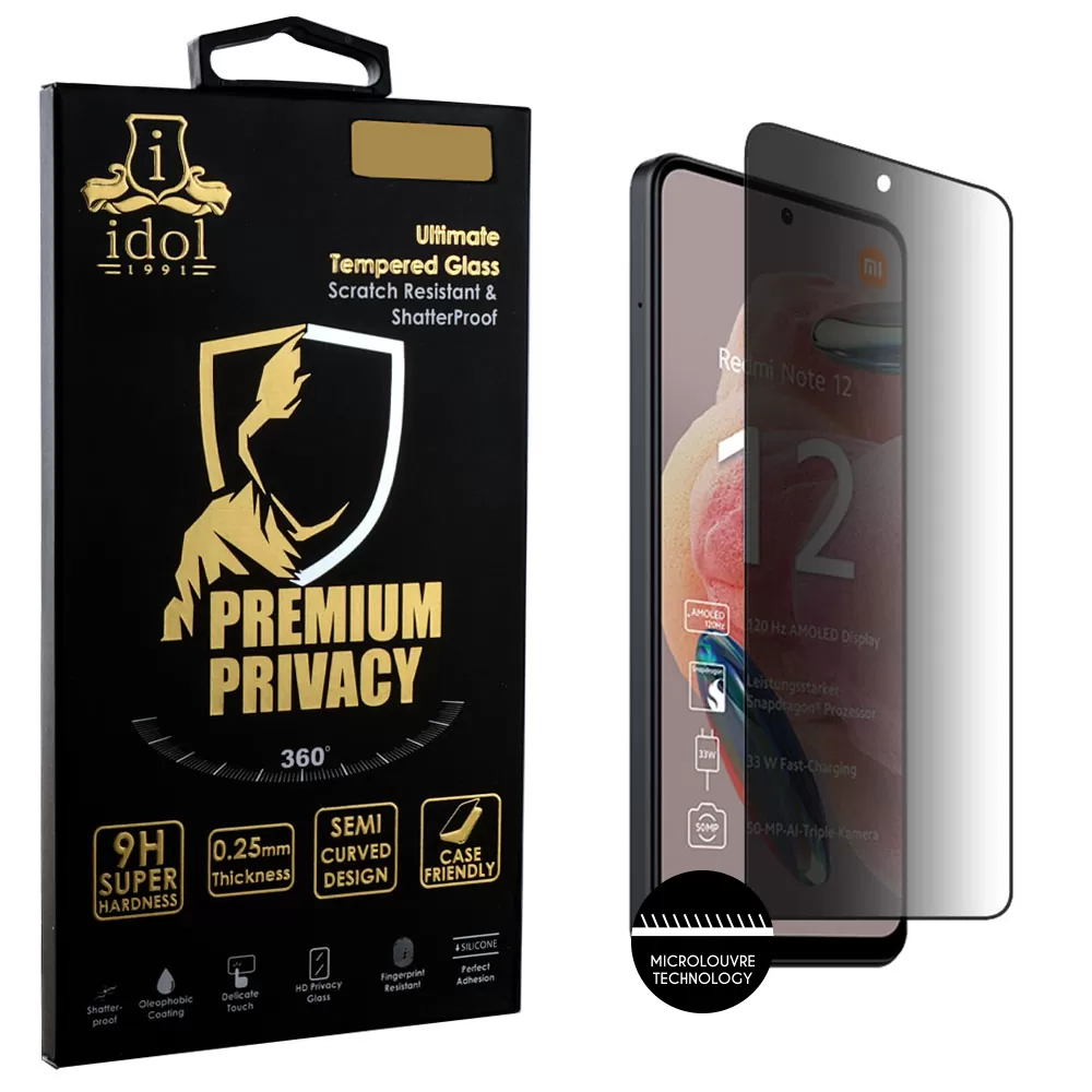IDOL 1991 PREMIUM PRIVACY ANTISPY TEMPERED GLASS XIAOMI REDMI NOTE 12 4G/NOTE 12 5G 6.67in 9H 0.25mm SEMI CURVED FULL GLUE BLACK