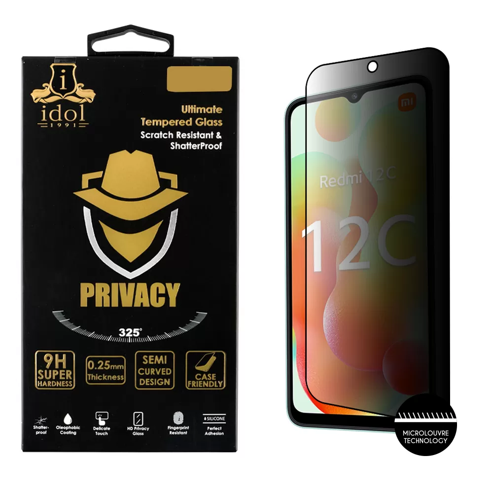 IDOL 1991 PRIVACY ANTISPY TEMPERED GLASS XIAOMI REDMI 12C 6.71in 9H 0.25mm SEMI CURVED FULL GLUE BLACK