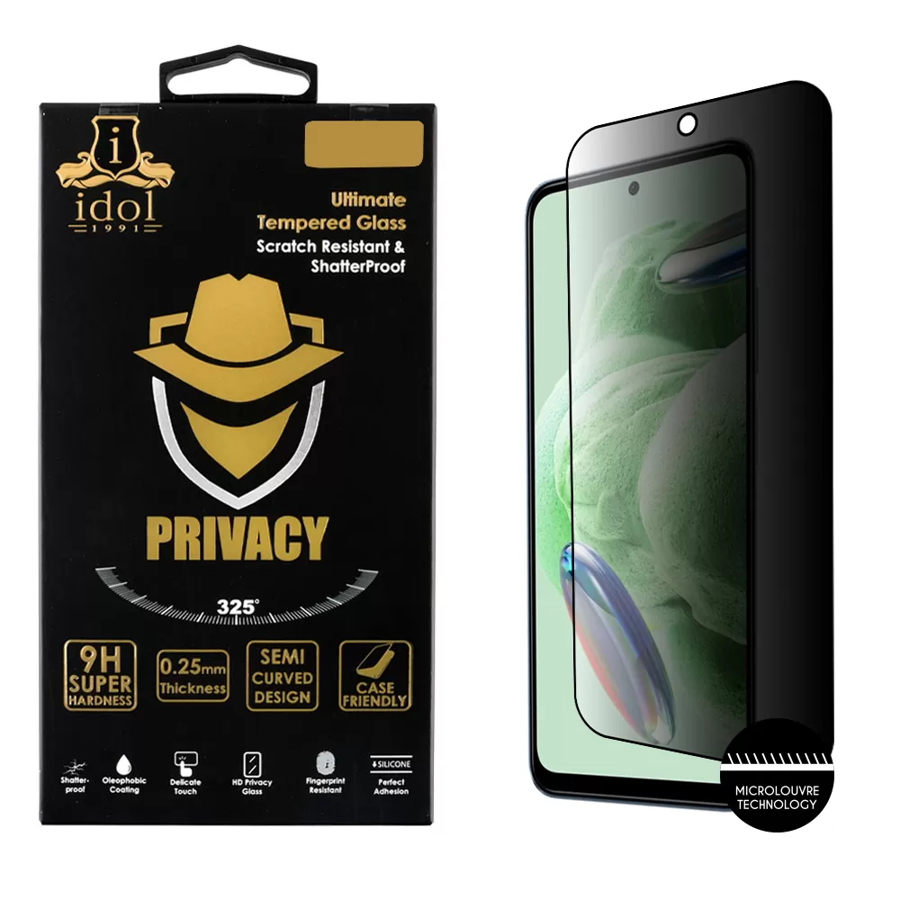 IDOL 1991 PRIVACY ANTISPY TEMPERED GLASS XIAOMI REDMI NOTE 12 4G/NOTE 12 5G 6.67in 9H 0.25mm SEMI CURVED FULL GLUE BLACK