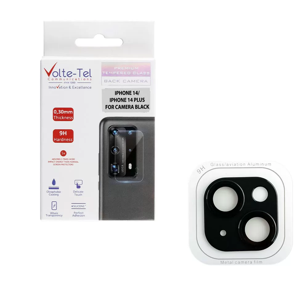 VOLTE-TEL CAMERA GLASS COVER IPHONE 14 6.1in/14 PLUS 6.7in 9H 0.30MM 3D ALUMINIUM-ELECTROPLATING FRAME BLACK