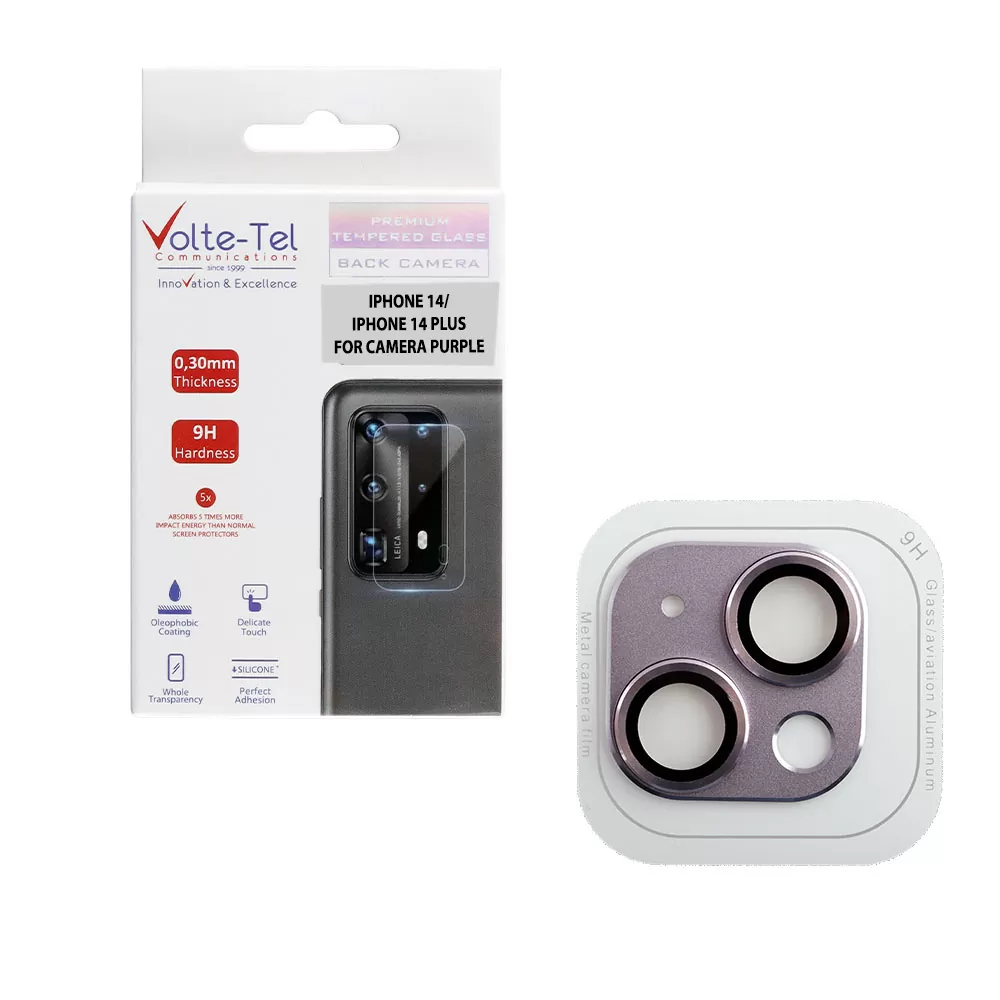 VOLTE-TEL CAMERA GLASS COVER IPHONE 14 6.1in/14 PLUS 6.7in 9H 0.30MM 3D ALUMINIUM-ELECTROPLATING FRAME PURPLE
