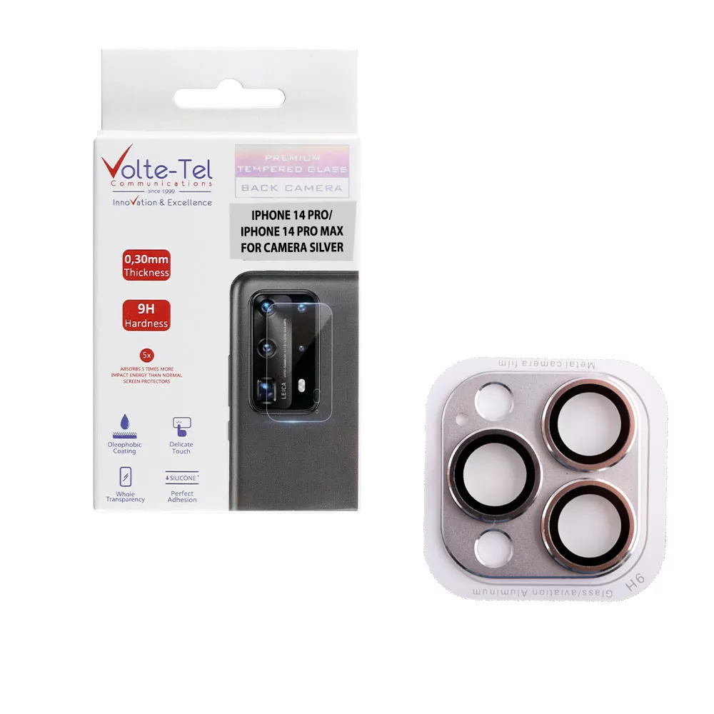 VOLTE-TEL CAMERA GLASS COVER IPHONE 14 PRO 6.1in/14 PRO MAX 6.7in 9H 0.30MM 3D ALUMINIUM-ELECTROPLATING FRAME SILVER