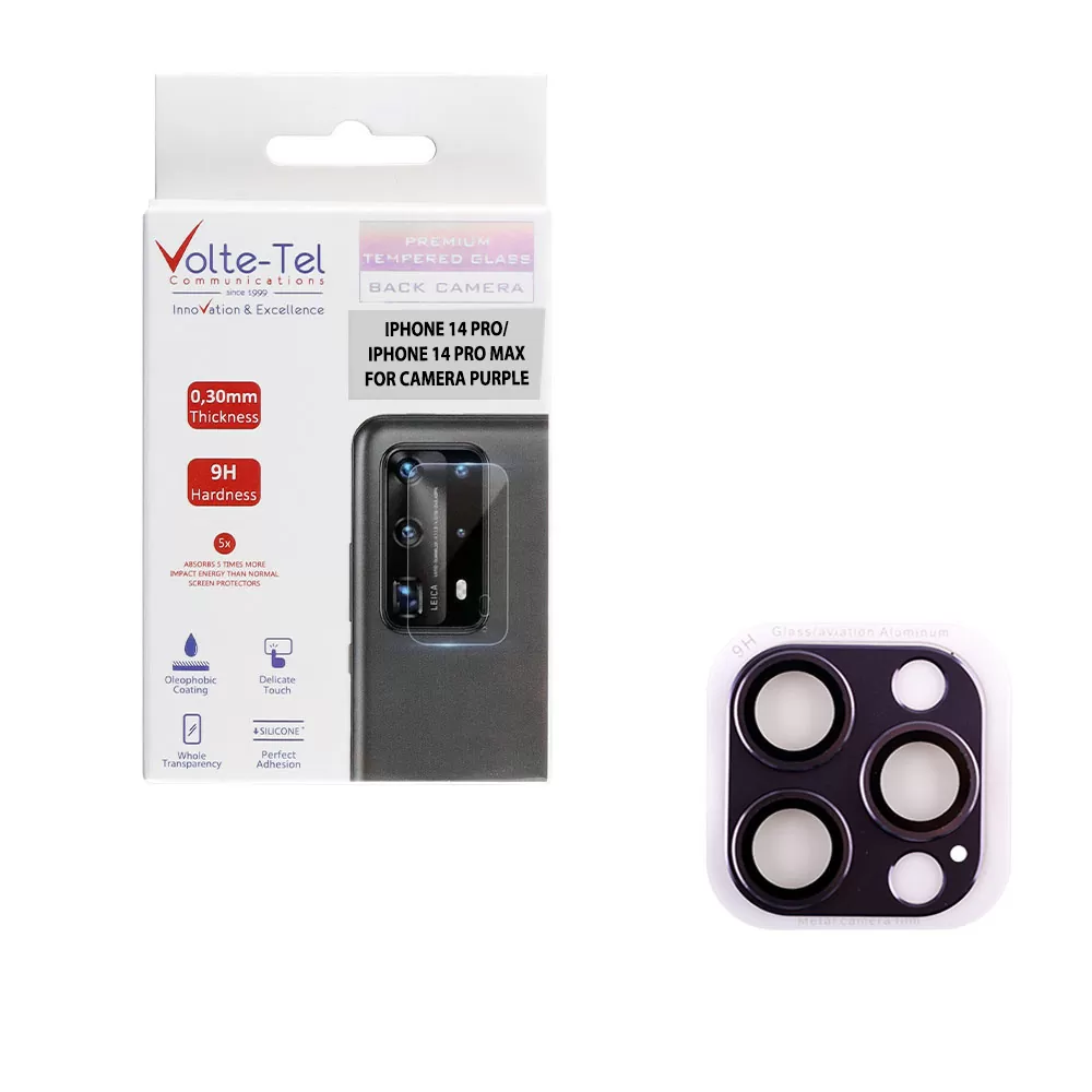 VOLTE-TEL CAMERA GLASS COVER IPHONE 14 PRO 6.1in/14 PRO MAX 6.7in 9H 0.30MM 3D ALUMINIUM-ELECTROPLATING FRAME PURPLE