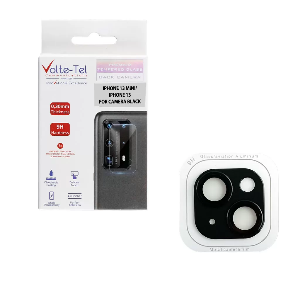 VOLTE-TEL CAMERA GLASS COVER IPHONE 13 MINI 5.4in/IPHONE 13 6.1in 9H 0.30MM 3D ALUMINIUM-ELECTROPLATING FRAME BLACK