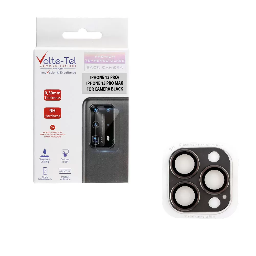 VOLTE-TEL CAMERA GLASS COVER IPHONE 13 PRO 6.1in/IPHONE 13 PRO MAX 6.7in 9H 0.30MM 3D ALUMINIUM-ELECTROPLATING FRAME BLACK