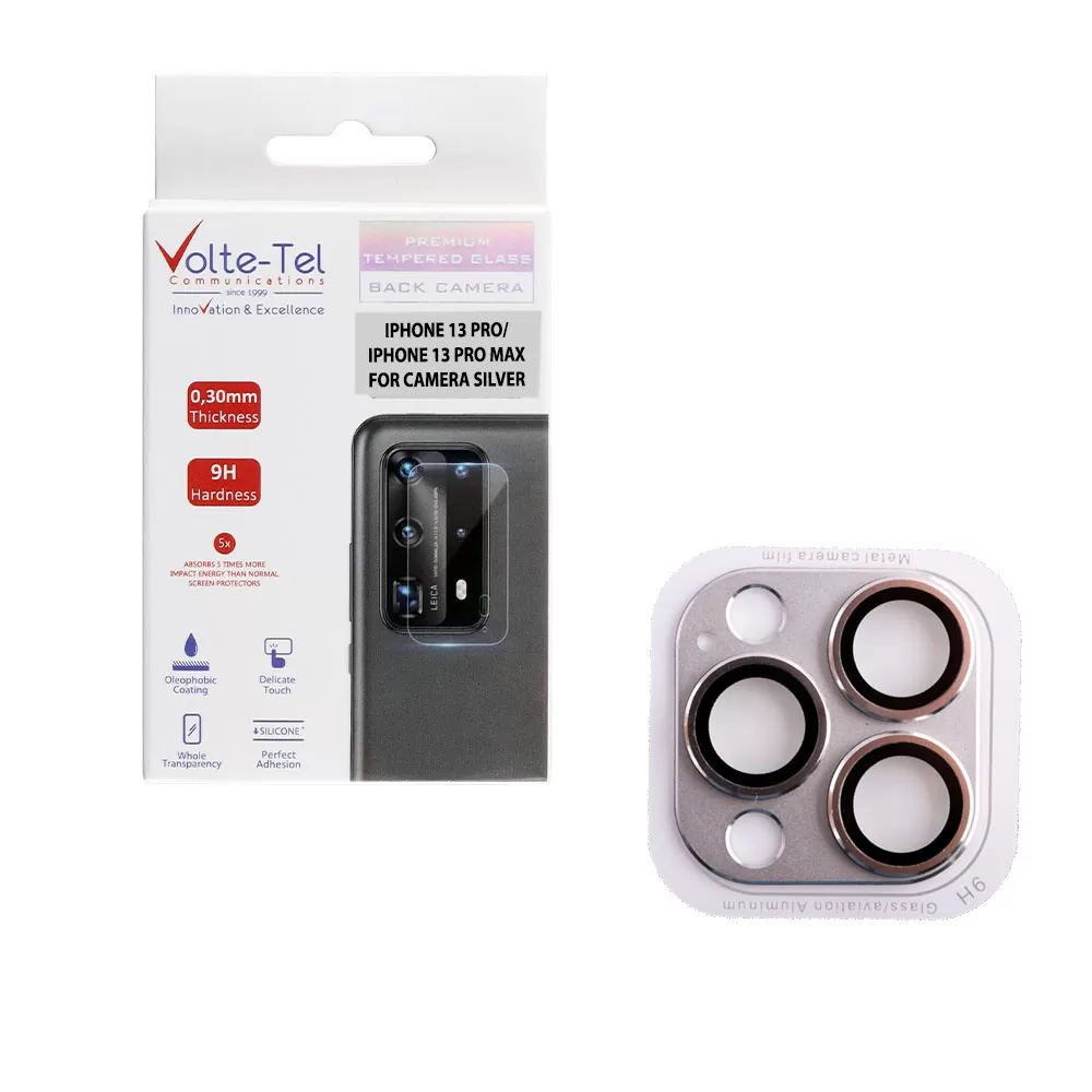 VOLTE-TEL CAMERA GLASS COVER IPHONE 13 PRO 6.1in/IPHONE 13 PRO MAX 6.7in 9H 0.30MM 3D ALUMINIUM-ELECTROPLATING FRAME SILVER