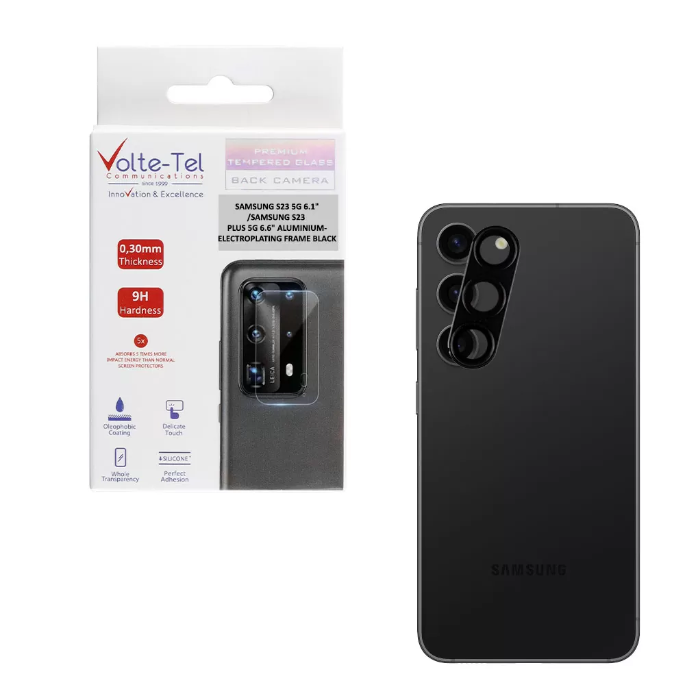 VOLTE-TEL CAMERA GLASS COVER SAMSUNG S23 5G 6.1in/S23 PLUS 5G 6.6in 9H 0.30MM 3D ALUMINIUM-ELECTROPLATING FRAME BLACK