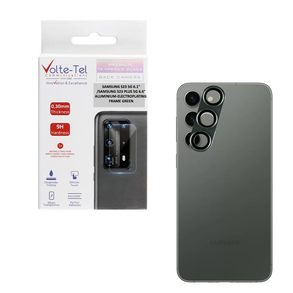 VOLTE-TEL CAMERA GLASS COVER SAMSUNG S23 5G 6.1in/SAMSUNG S23 PLUS 5G 6.6in 9H 0.30MM 3D ALUMINIUM-ELECTROPLATING FRAME GREEN