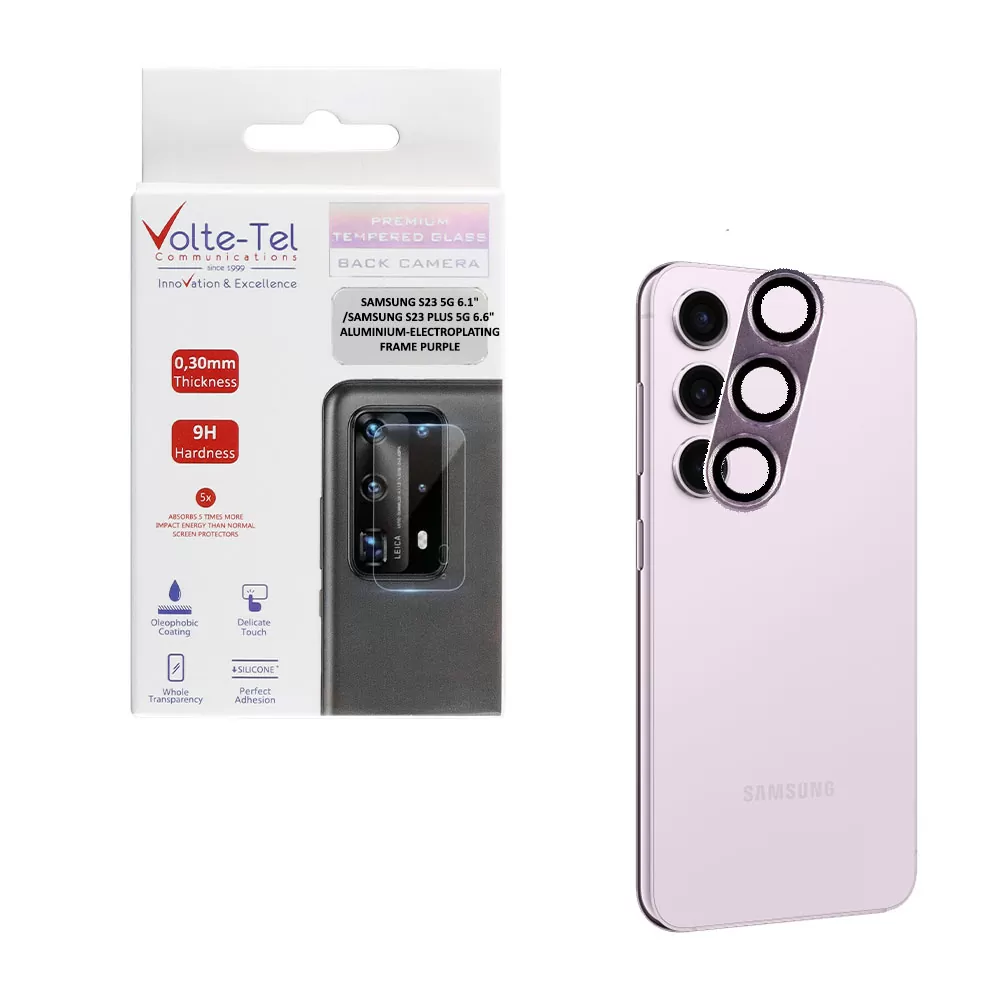 VOLTE-TEL CAMERA GLASS COVER SAMSUNG S23 5G 6.1in/SAMSUNG S23 PLUS 5G 6.6in 9H 0.30MM 3D ALUMINIUM-ELECTROPLATING FRAME PURPLE
