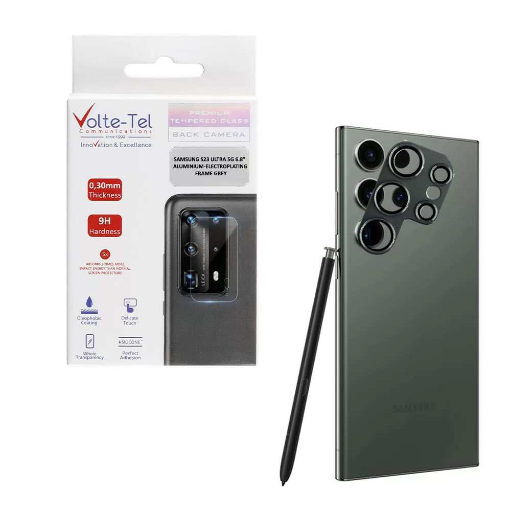 VOLTE-TEL CAMERA GLASS COVER SAMSUNG S23 ULTRA 5G S918 6.8in 9H 0.30MM 3D ALUMINIUM-ELECTROPLATING FRAME GREY