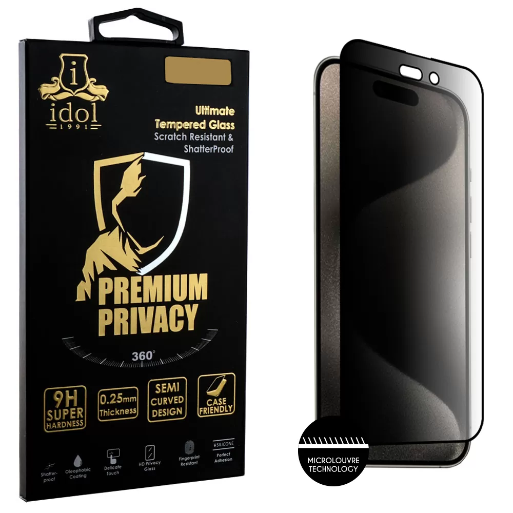 IDOL 1991 PREMIUM PRIVACY ANTISPY TEMPERED GLASS IPHONE 15 PRO 6.1in 9H 0.25mm SEMI CURVED FULL GLUE BLACK