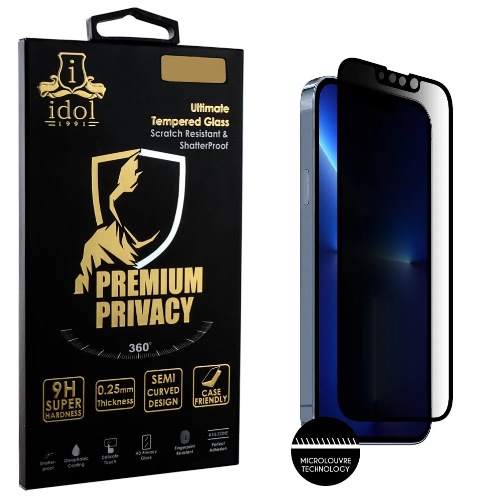 IDOL 1991 PREMIUM PRIVACY ANTISPY TEMPERED GLASS IPHONE 13 PRO MAX 6.7in 9H 0.25mm SEMI CURVED FULL GLUE BLACK
