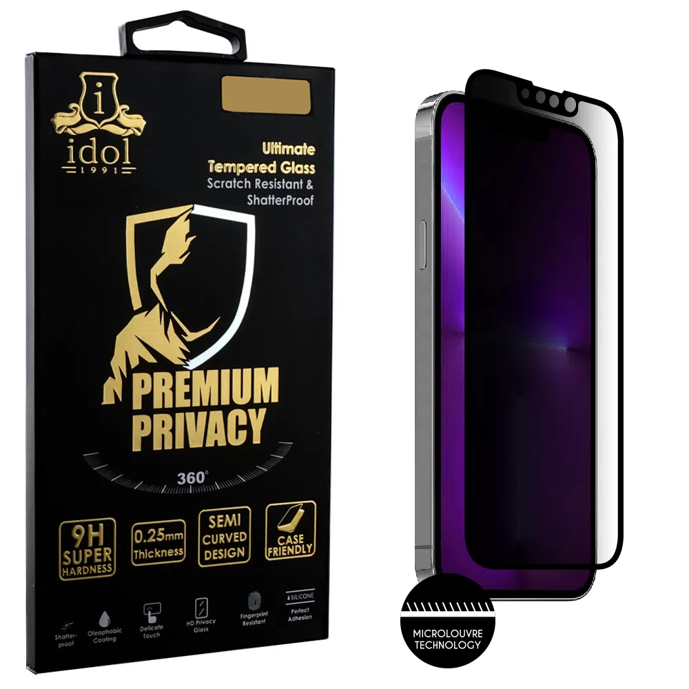 IDOL 1991 PREMIUM PRIVACY ANTISPY TEMPERED GLASS IPHONE 13 PRO/IPHONE 13 6.1in 9H 0.25mm SEMI CURVED FULL GLUE BLACK