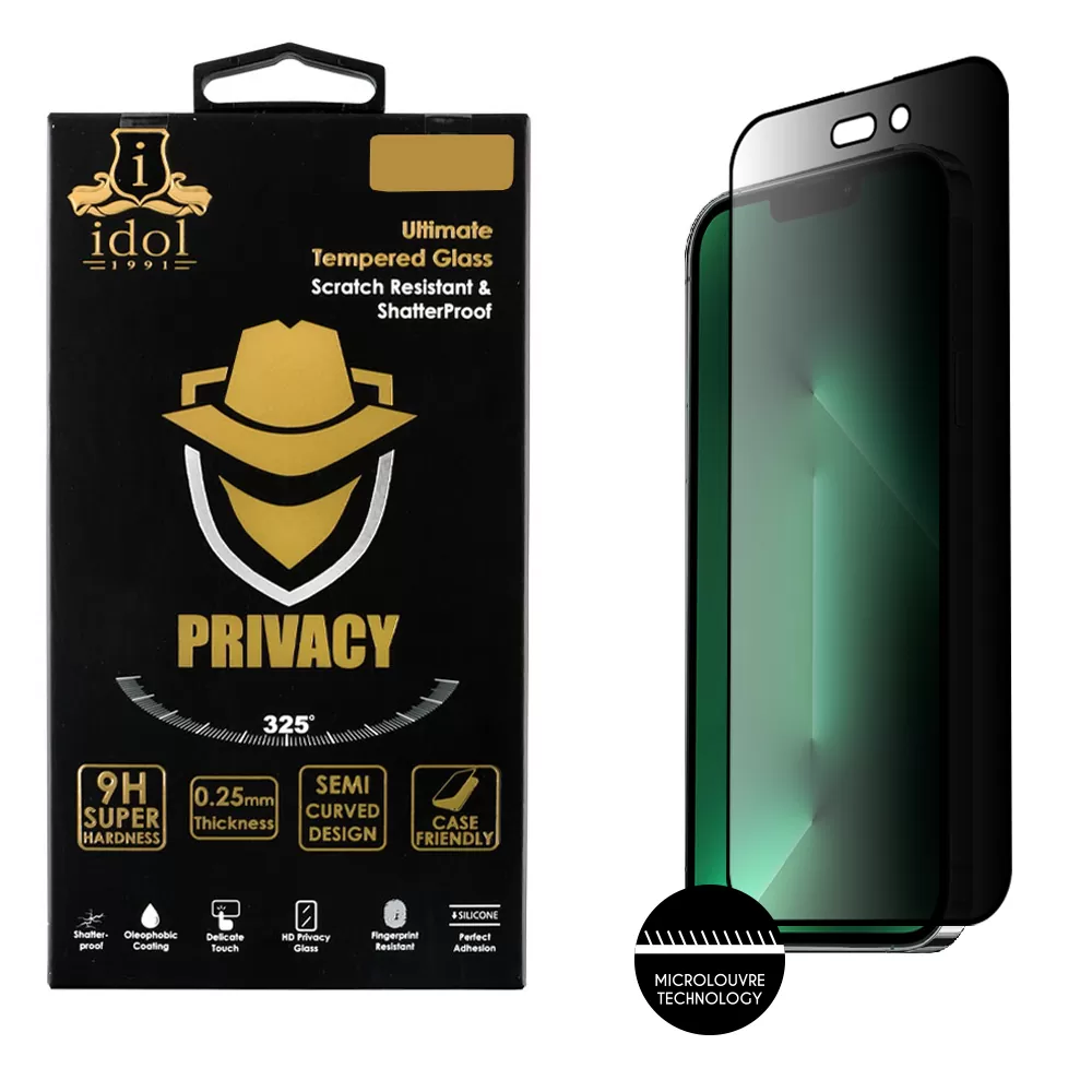 IDOL 1991 PRIVACY ANTISPY TEMPERED GLASS IPHONE 14 PRO 6.1in 9H 0.25mm SEMI CURVED FULL GLUE BLACK