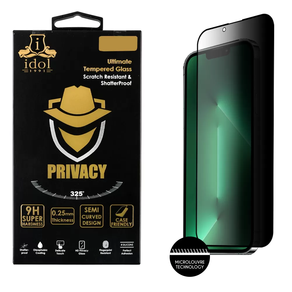 IDOL 1991 PRIVACY ANTISPY TEMPERED GLASS IPHONE 14 PRO MAX 6.7in 9H 0.25mm SEMI CURVED FULL GLUE BLACK