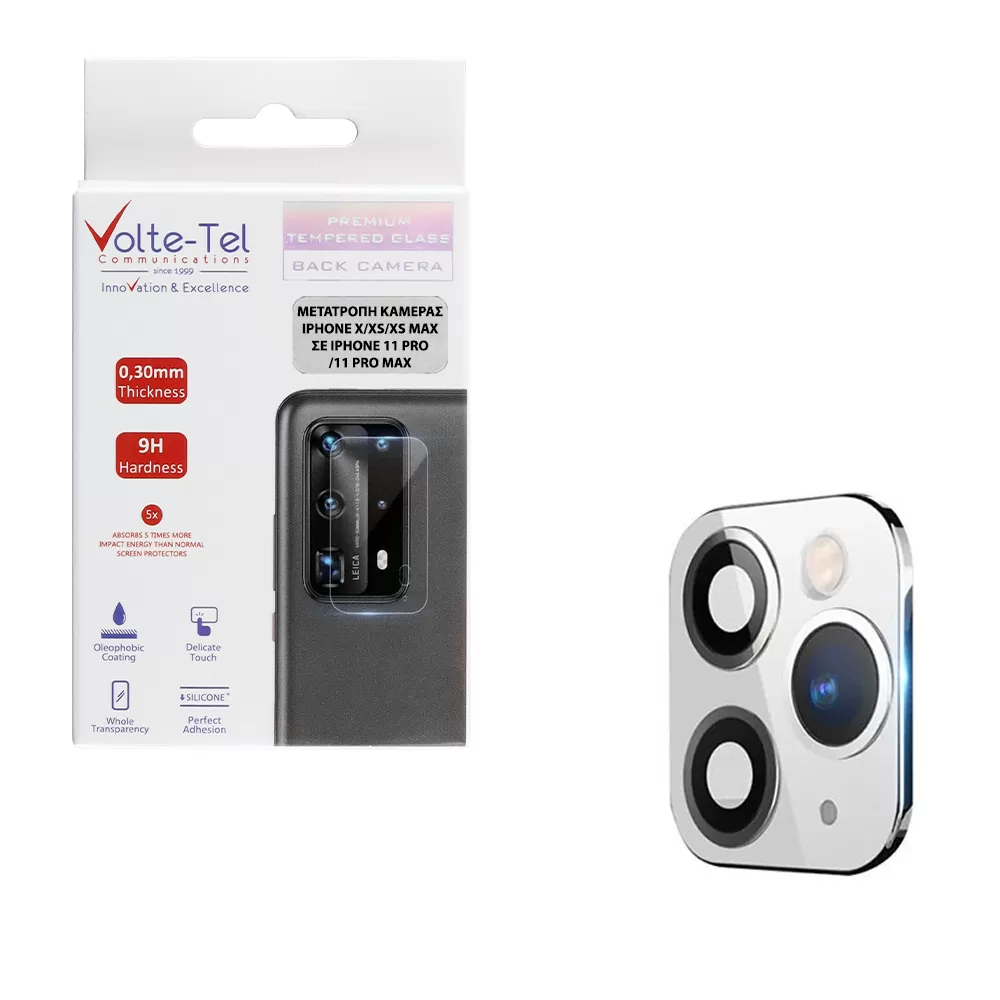 VOLTE-TEL CAMERA GLASS COVER IPHONE X/XS/XS MAX CONVERT TO IPHONE 11 PRO/11 PRO MAX 9H 0.30MM ΑLUMINIUM WITH FRAME WHITE