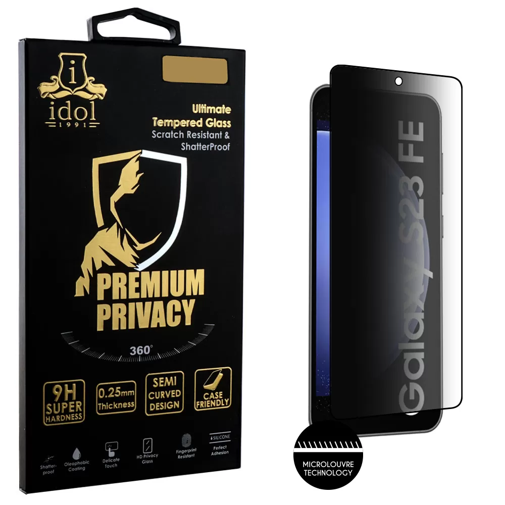 IDOL 1991 PREMIUM PRIVACY ANTISPY TEMPERED GLASS SAMSUNG S23 FE 6.4in 9H 0.25mm SEMI CURVED FULL GLUE BLACK