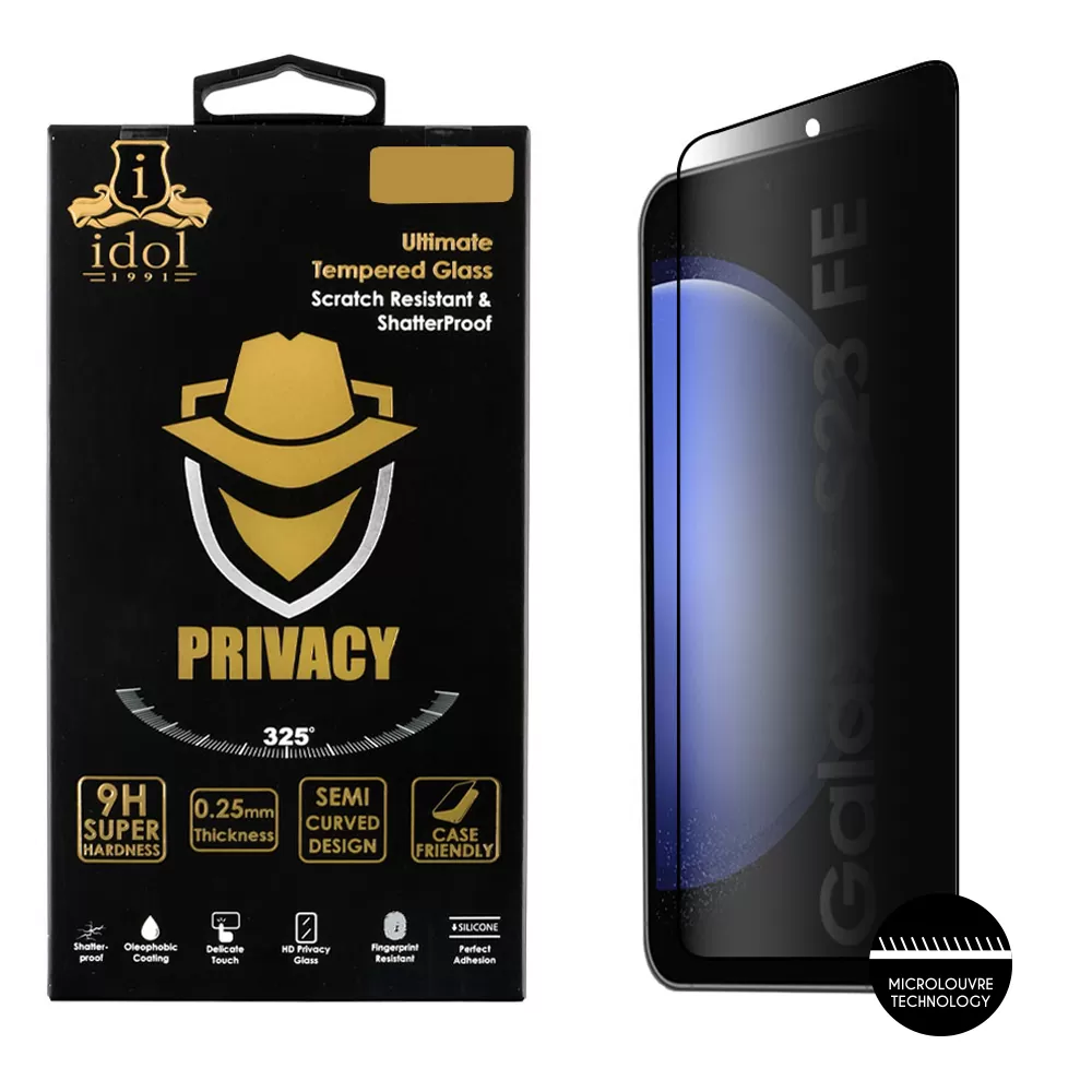 IDOL 1991 PRIVACY ANTISPY TEMPERED GLASS SAMSUNG S23 FE 6.4in 9H 0.25mm SEMI CURVED FULL GLUE BLACK