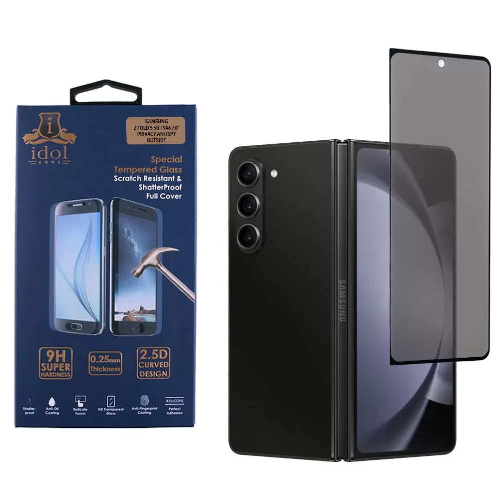 IDOL 1991 PRIVACY ANTISPY TEMPERED GLASS SAMSUNG Z FOLD 5 5G F946 7.6in 9H 0.25mm SEMI CURVED OUTSIDE FULL GLUE BLACK