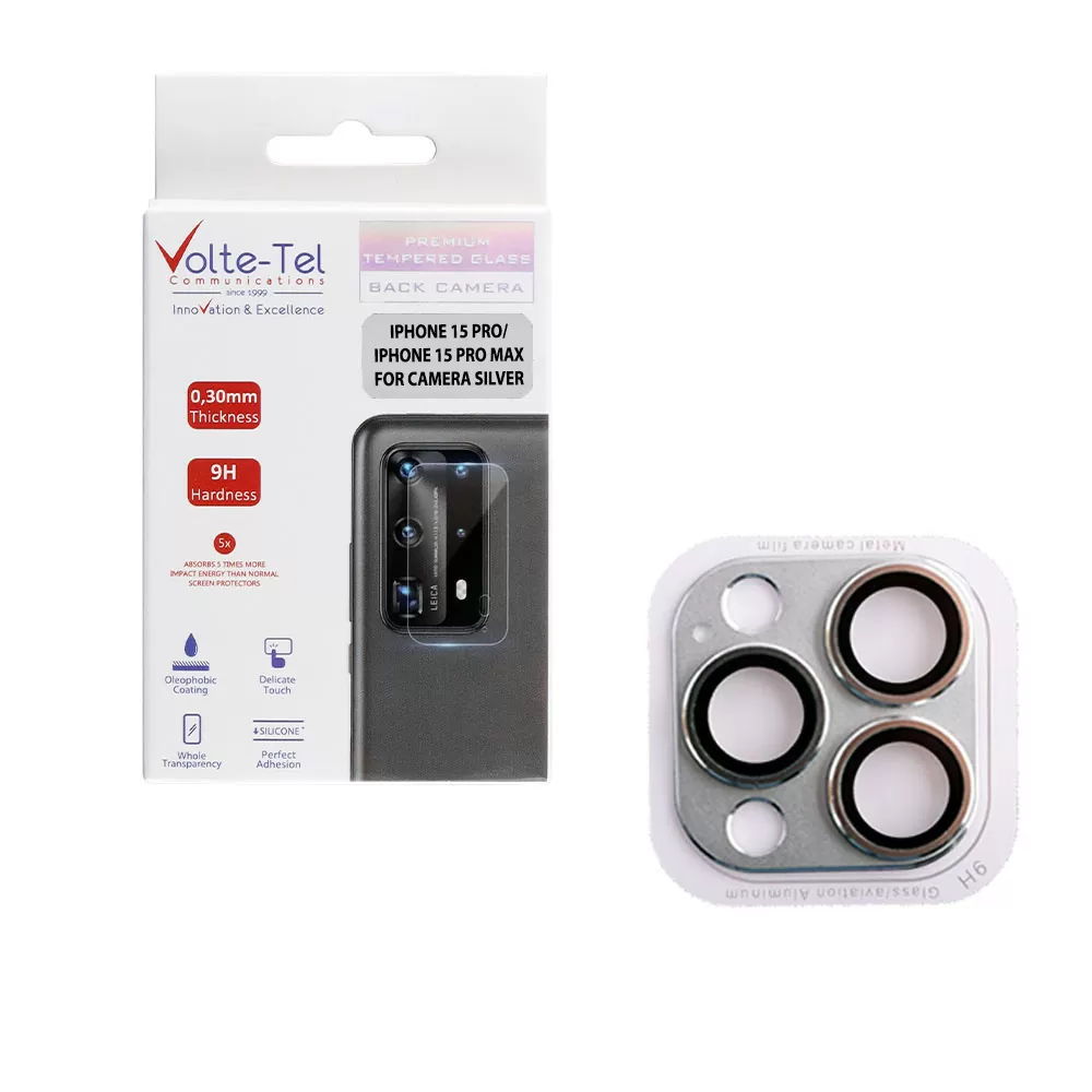 VOLTE-TEL CAMERA GLASS COVER IPHONE 15 PRO 6.1in/IPHONE 15 PRO MAX 6.7in 9H 0.30MM 3D AR ALUMINIUM-ELECTROPLATING FRAME SILVER