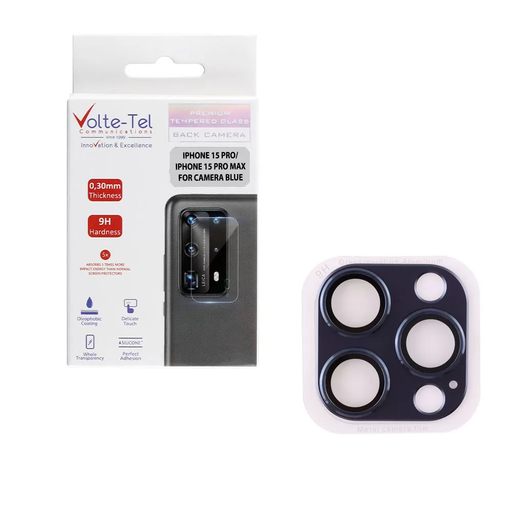 VOLTE-TEL CAMERA GLASS COVER IPHONE 15 PRO 6.1in/IPHONE 15 PRO MAX 6.7in 9H 0.30MM 3D AR ALUMINIUM-ELECTROPLATING FRAME BLUE