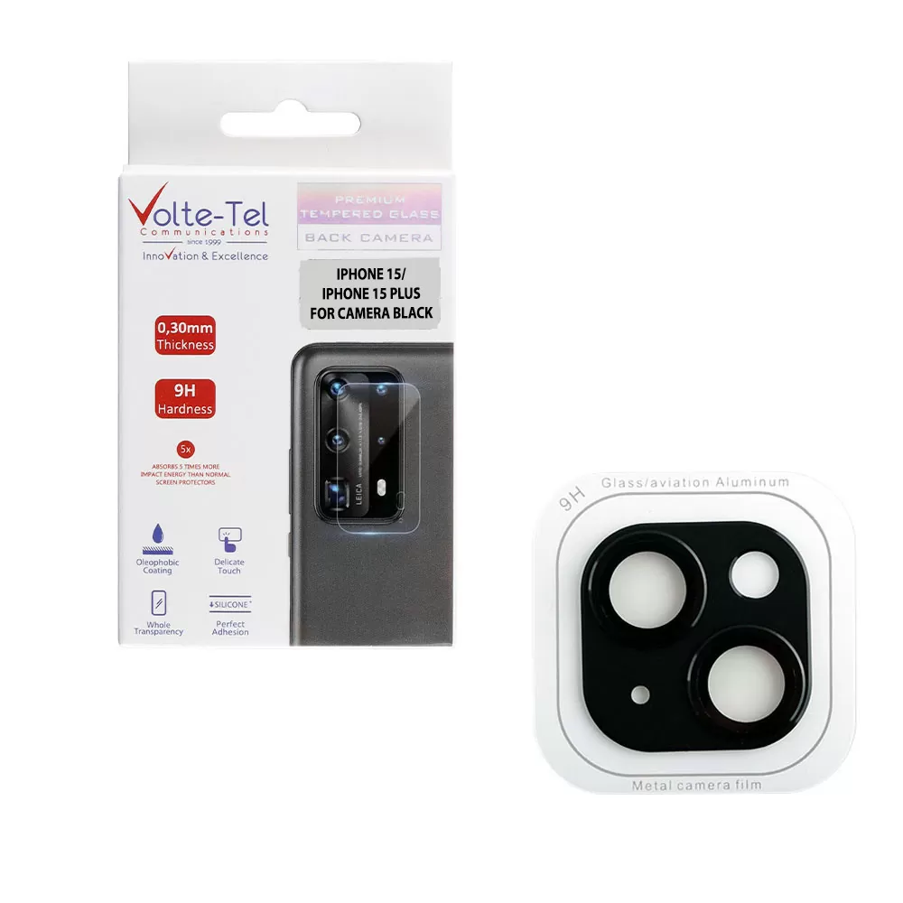 VOLTE-TEL CAMERA GLASS COVER IPHONE 15 6.1in/IPHONE 15 PLUS 6.7in 9H 0.30MM 3D AR ALUMINIUM-ELECTROPLATING FRAME BLACK