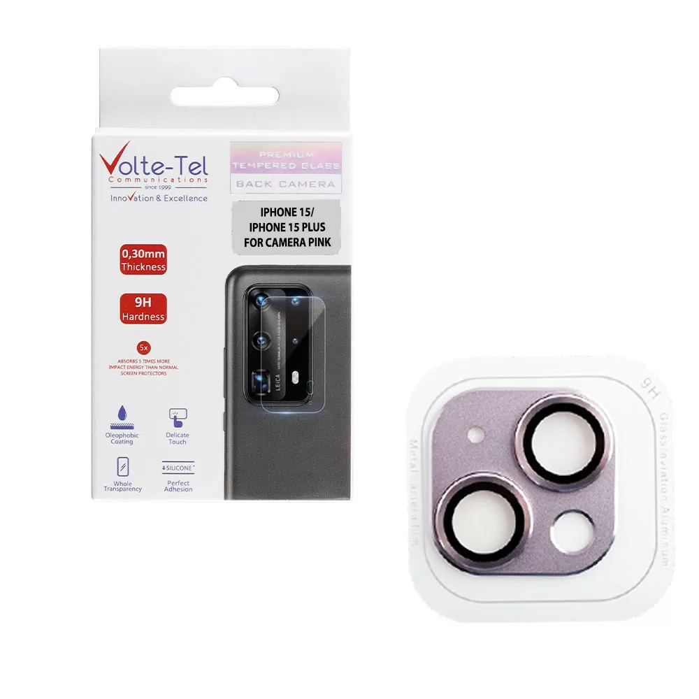 VOLTE-TEL CAMERA GLASS COVER IPHONE 15 6.1in/IPHONE 15 PLUS 6.7in 9H 0.30MM 3D AR ALUMINIUM-ELECTROPLATING FRAME PINK