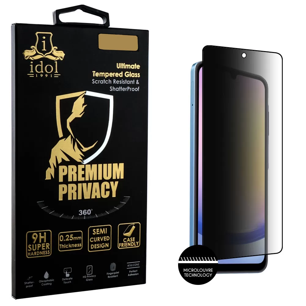 IDOL 1991 PREMIUM PRIVACY ANTISPY TEMPERED GLASS SAMSUNG A25 5G A256 6.5in 9H 0.25mm SEMI CURVED FULL GLUE BLACK