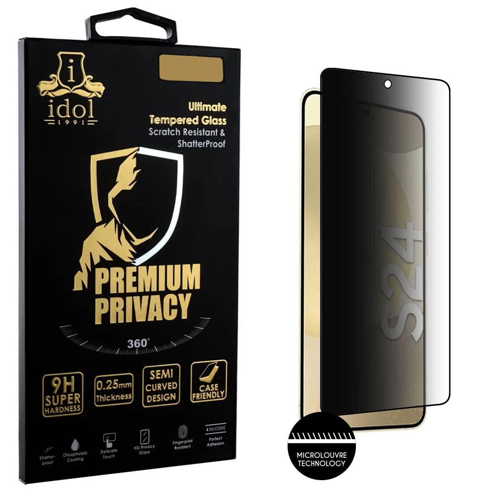 IDOL 1991 PREMIUM PRIVACY ANTISPY TEMPERED GLASS SAMSUNG S24 5G 6.2in 9H 0.25mm SEMI CURVED FULL GLUE BLACK